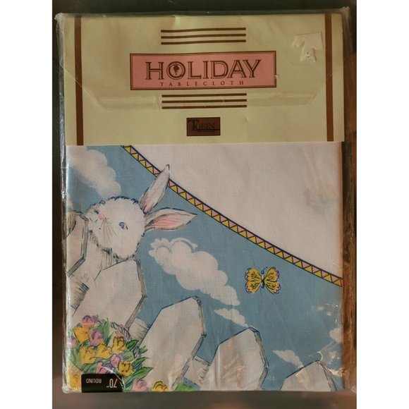 Vintage Easter Medow Bunny Tobin Holiday Tablecloth Size 70" Round, Cotton New - Picture 2 of 4